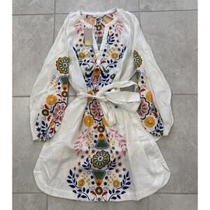 Boden Linen Balloon Sleeve Tie Waist Dress Pockets US 12R White Multi NWT